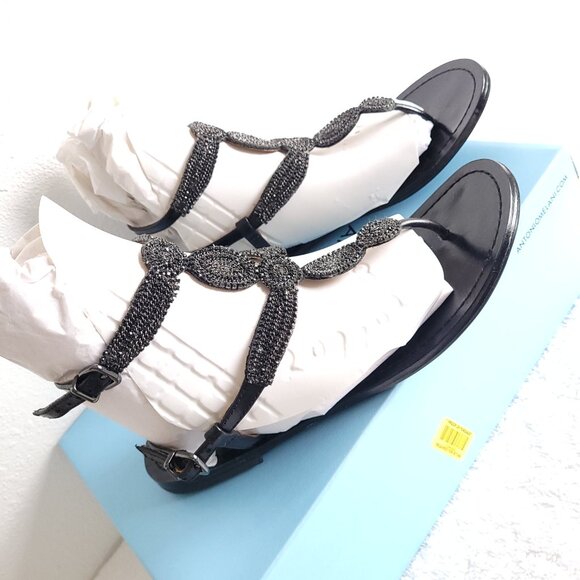 New ANTONIO MELANI black leather sandals with ornate black chain detailing - Picture 6 of 11